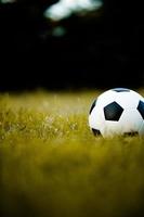 bola no gramado em um campo amarelo no campo de futebol pronto para punição. e comece ativamente futebol foto