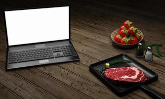 aprenda a cozinhar online. como cozinhar alimentos e receitas da internet. carne para cozinhar bife na panela. há manteiga e pimenta. computador ou laptop para estudar online na cozinha. renderização em 3D foto