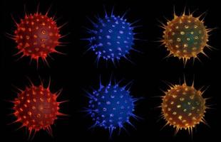 conjunto de bactérias abstratas multicoloridas ou célula de vírus em forma esférica com antenas longas. novo nome oficial para a doença de coronavírus chamado covid-19 - renderização em 3d. foto