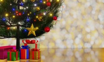 pinheiros decorativos para a época natalícia, bolas decorativas e luzes intermitentes, festas de ano novo e natal. alegria de bokeh de fundo claro ouro brilhante. renderização 3D. foto
