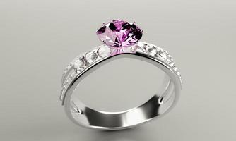 o grande diamante vermelho ou rubi é cercado por muitos diamantes no anel de ouro platina colocado sobre um fundo cinza. anel de diamante de casamento elegante para mulheres. renderização em 3D foto