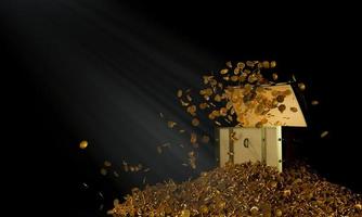 inúmeras moedas de ouro caíram do baú do tesouro. baú de tesouro de madeira de estilo antigo bem montado com tiras de metal enferrujadas. renderização em 3D foto
