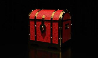 baú de tesouro ou caixa de tesouro retrô feita com madeira pintada de vermelho e metal dourado. colocado no chão preto e fundo. renderização 3D. foto