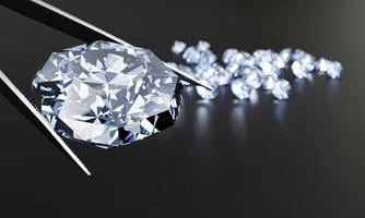 o diamante é preso com um alicate. muitos diamantes colocados na mesa como pano de fundo. renderização em 3D foto