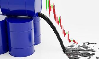 óleo é derramado do barril azul com gráfico de ações. queda do preço do petróleo bruto no conceito de mercado de ações. isolado no fundo branco. renderização 3D. foto