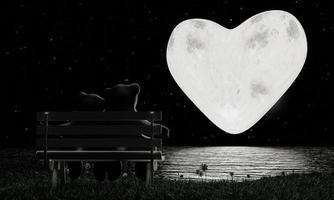 amantes de silhueta ursos de pelúcia abraçando e sentado na cadeira de madeira em forma de coração noite de lua cheia muitas estrelas no céu há um reflexo no mar. o romântico dos amantes do tema dos namorados. foto