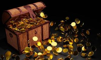 inúmeras moedas de ouro caíram do baú do tesouro. baú de tesouro de madeira de estilo antigo bem montado com tiras de metal enferrujadas. renderização em 3D foto