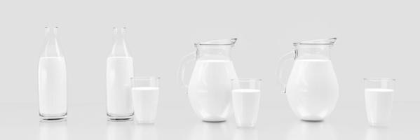 leite fresco em garrafas transparentes e potes transparentes. coleção de vidro de leite de visão geral em um fundo branco e reflexões no chão. renderização em 3D foto