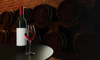 garrafa de vinho tinto e vidro transparente com vinho tinto colocado em uma mesa de madeira com muitos tanques de fermentação de vinho na adega colocados perto da parede de tijolo vermelho. renderização em 3D foto
