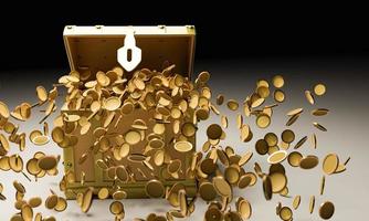 muitas moedas de ouro no baú do tesouro vintage dourado e caindo no chão usam para o conceito de sorte e rish. tesouro em fundo preto e reflexo no chão. renderização 3D. foto