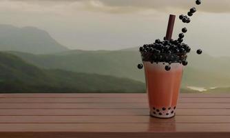 chá de leite boba ou chá de leite bolha isolado na mesa de madeira e vista para a montanha. comida e bebida para o verão. renderização 3D. foto