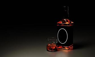 garrafa de licor de luxo ou garrafa de uísque, e tome uma garrafa cheia de bebida um copo de uísque transparente com licor no copo. renderização 3D. foto