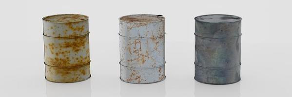 barril de óleo com tambor de óleo enferrujado e vazando. isolado no fundo branco. renderização em 3D foto