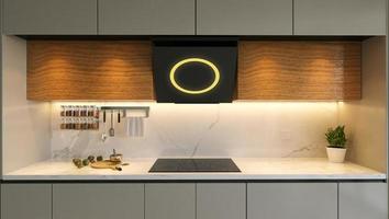 moderno armário de cozinha de madeira e laca renderização em 3d foto