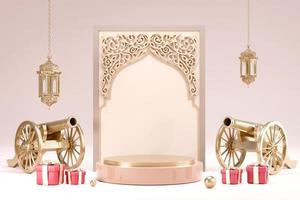 fundo de decoração de pódio de exibição islâmico com mesquita, lanterna, estilo de desenho animado de caixa de presente crescente, com canhão, ramadan kareem, mawlid, iftar, isra miraj, eid al fitr adha, muharram, ilustração 3d. foto