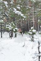 linda noiva posando com buquê na floresta de neve. casamento de inverno. obra de arte. retrato de corpo inteiro foto
