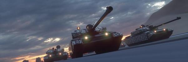 tanques militares na cidade. conceito de guerra. ilustração 3D foto