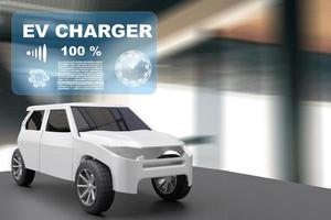 robô cibernético futuro futurista humanóide indústria de alta tecnologia garagem ev-carregador de carro recarregar reabastecer estação elétrica veículo transporte transporte futuro carro transporte automotivo automóvel 3d render foto