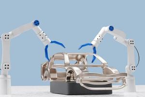 serviço de processamento de produção de automóveis em fábrica robô de alta tecnologia robótica ai braço de controle robô de mão artificial para tecnologia de automóveis em concessionária de garagem com tech hand cyborg 2022 3d render foto