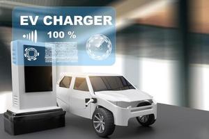 robô cibernético futuro futurista humanóide indústria de alta tecnologia garagem ev-carregador de carro recarregar reabastecer estação elétrica veículo transporte transporte futuro carro transporte automotivo automóvel 3d render foto