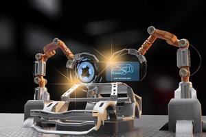 serviço de processamento de produção de automóveis em fábrica robô de alta tecnologia robótica ai braço de controle robô de mão artificial para tecnologia de automóveis em concessionária de garagem com tech hand cyborg 2022 3d render foto