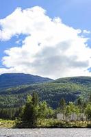 fluindo lindo rio Lago hemsila com panorama montanhoso, hemsedal, Noruega. foto