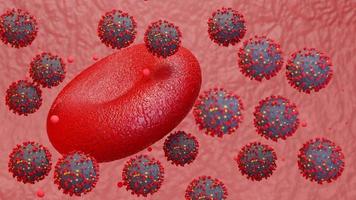 microscópio vírus ataque sangue close-up conceito de arte. vírus atacando os glóbulos vermelhos, renderização 3d foto
