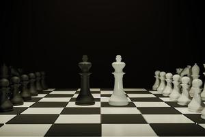 dois exércitos de xadrez no tabuleiro de xadrez de madeira. lugar vazio para texto. ilustração 3d de batalha de xadrez foto