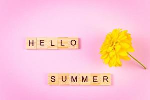 olá conceito de verão. flor amarela sobre fundo rosa. foto