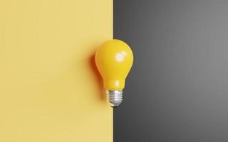 lâmpada amarela em fundo amarelo e preto para ideia de pensamento lógico criativo inteligente para solução e conceito de inovação por renderização 3d. foto
