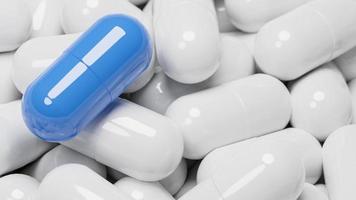 close-up da cápsula de pílula azul em muitas cápsulas de pílulas brancas. conceito de medicina e especialidades farmacêuticas., modelo 3d e ilustração. foto