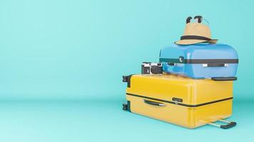 mala amarela e azul com chapéu de sol e óculos, câmera em fundo pastel., conceito de viagem., ilustração 3d. foto