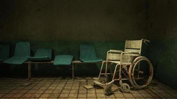 horror e caminhada assustadora e cadeira de rodas em frente à sala de exame no hospital. renderização em 3d foto