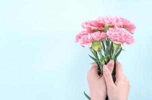 mulher dando um monte de elegância florescendo cravos macios de cor rosa bebê isolados em fundo azul pálido, conceito de design de decoração de dia das mães, vista superior, close-up, copie o espaço foto