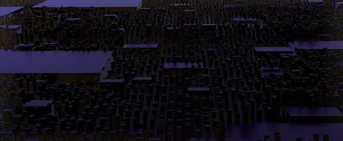 vista superior da cidade à noite abstrata com gradiente de néon. paisagem de renderização 3d densamente construída escura com arranha-céus urbanos gradientes e edifícios industriais. panorama futurista preto da cidade adormecida moderna foto