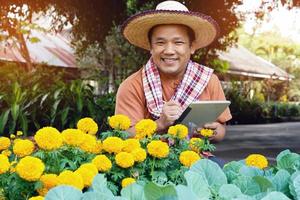 homem asiático de meia idade está relaxando com seu tempo livre usando seu taplet para tirar fotos e armazenar os dados crescentes ao lado dos canteiros de vegetais no quintal de sua casa. foco suave e seletivo.