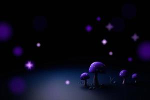 fundo de campo de cogumelo mágico - cena renderizada com cogumelos 3d misteriosos no escuro foto