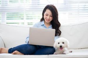 jovem empresária asiática trabalhando em casa com seu cachorro foto