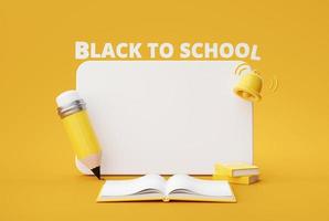 lousa de espaço de cópia de maquete branca com banner de desenho de livro e lápis preto para o site de fundo do conceito de escola renderização em 3d foto
