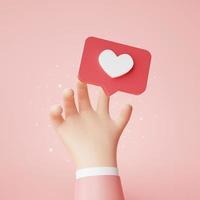 mão alcançando um ícone de notificação de mídia social em forma de coração em bolhas de fala 3d cartoon banner website ui no fundo rosa ilustração de renderização 3d foto