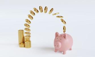 moedas de ouro empilhando e voando para porquinho rosa economizam dinheiro em fundo branco para depósito e conceito de crescimento de economia financeira por renderização 3d. foto