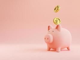 moedas de ouro colocando para porquinho rosa rosa economizam dinheiro em fundo rosa para depósito e conceito de crescimento de economia financeira por renderização 3d. foto