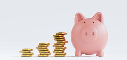 empilhamento de moedas de ouro e porquinho rosa economizam dinheiro em fundo branco para depósito e conceito de crescimento de economia financeira por renderização 3d. foto
