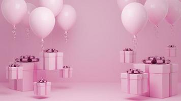 muitas caixas de presente voam no ar com balão e fundo pastel de fita rosa., natal e feliz ano novo conceito de fundo., modelo 3d e ilustração.