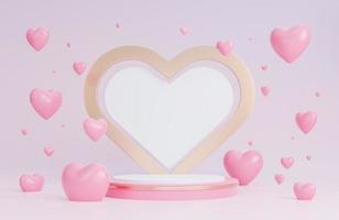 feliz dia dos namorados banner com pódio para apresentação do produto e objetos 3d de corações em fundo rosa., modelo 3d e ilustração. foto