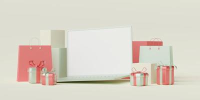 Ilustração 3D do conceito de compras on-line, laptop de tela em branco com caixa de presente e sacola de compras foto