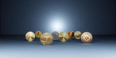 moedas de criptomoeda bitcoin fundo horizonte futurista tecnologia pano de fundo ilustração 3d abstrata moderna foto