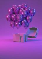 Conceito de renderização 3D de cenário de festa. balões futuristas abstratos de cor clara flutuando da caixa de presente no fundo. convite. renderização 3D. ilustração 3D. foto