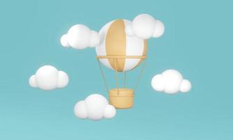 Conceito de renderização 3D da vibe de verão. um balão de ar quente amarelo com uma cesta entre as nuvens no fundo do céu azul. renderização 3D. foto