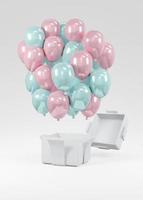 Conceito de renderização 3D de revelação de gênero, chá de bebê, festa de aniversário. balões pastel azuis e rosa realistas flutuando da caixa de presente em fundo branco. convite. renderização 3D. ilustração 3D. foto